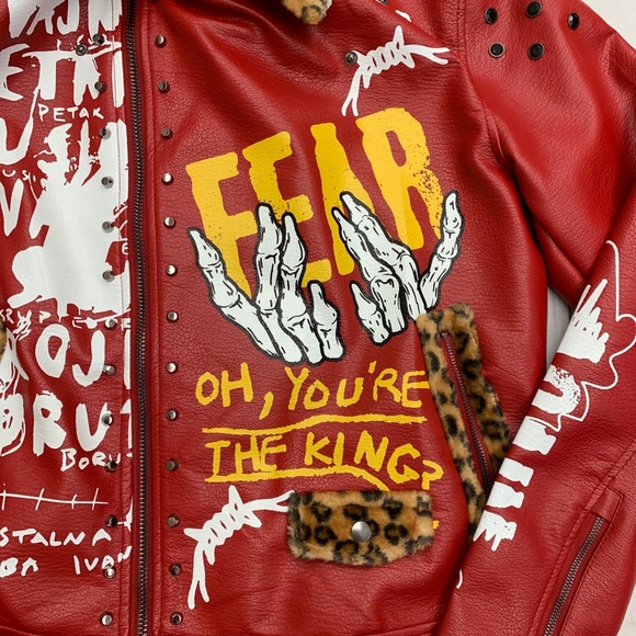 R3BEL MENS LEOPARD COLLAR BIKER  Bomber JACKET Large Retail 250$ Graphic Print - Picture 8 of 12